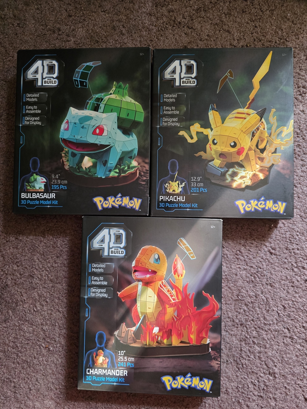 Pokemon 4D Build Bulbasaur, Pikachu & Charmander Kits - Green, Yellow, Red